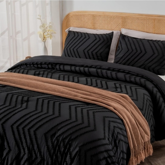 Black Chevron Tufted Zigzag Textured Twin Size Bed Boho Comforter Set Bedding - Picture 6 of 15